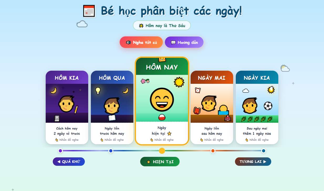 Ứng dụng bé phân biệt hôm kia hôm qua hôm nay ngày mai ngày kia bằng hoạt hình